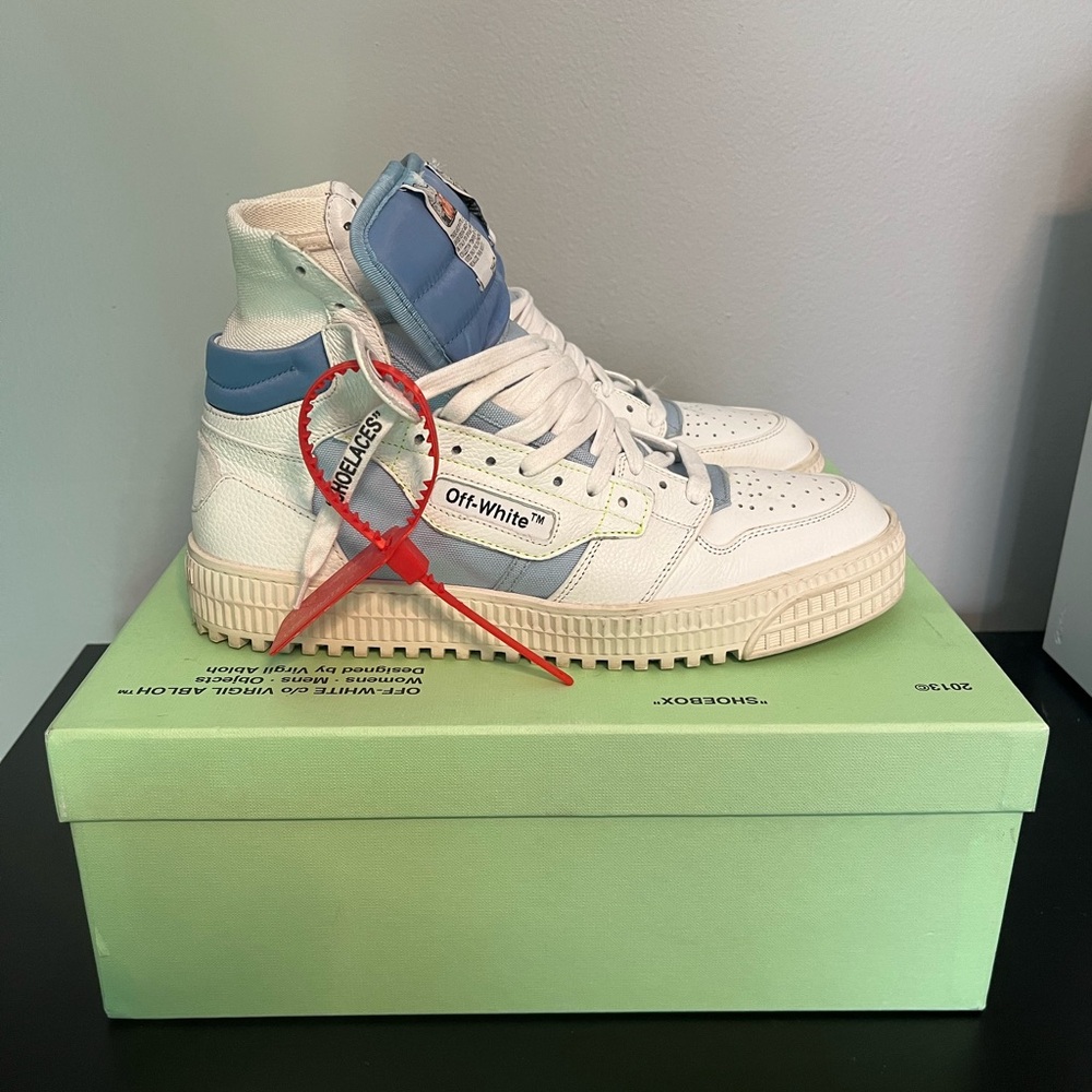Off-White High-Top Sneakers in White and Blue